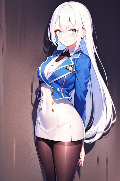 Riselia,high_resolution,school uniform,blue jacket,black tie,looking at viewer,blue eyes,woman,white hair,long hair,black shoes,standing,cowboy_shot,smile,