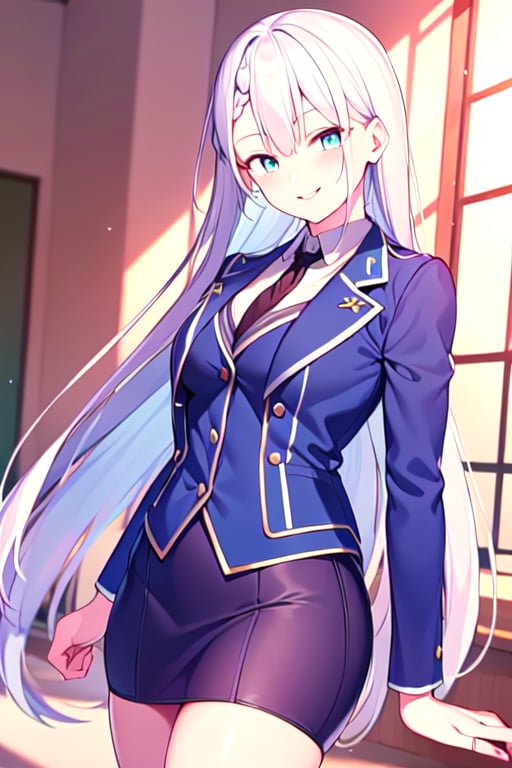 Riselia,high_resolution,school uniform,blue jacket,black tie,looking at viewer,blue eyes,woman,white hair,long hair,black shoes,standing,cowboy_shot,smile,