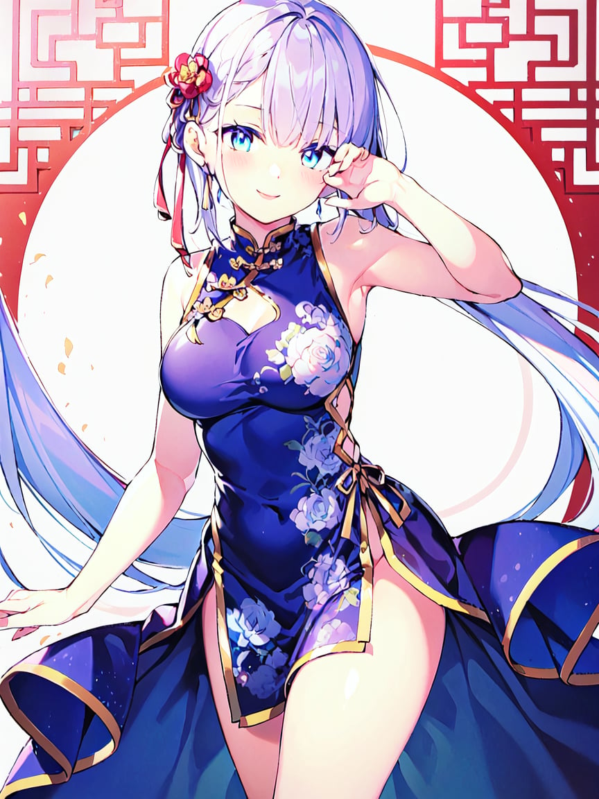 Riselia,best quality,high quality,ultra detailed,blue eyes,
blue chinese dress
medium_breasts,cute pose,thigh skirt,big smile