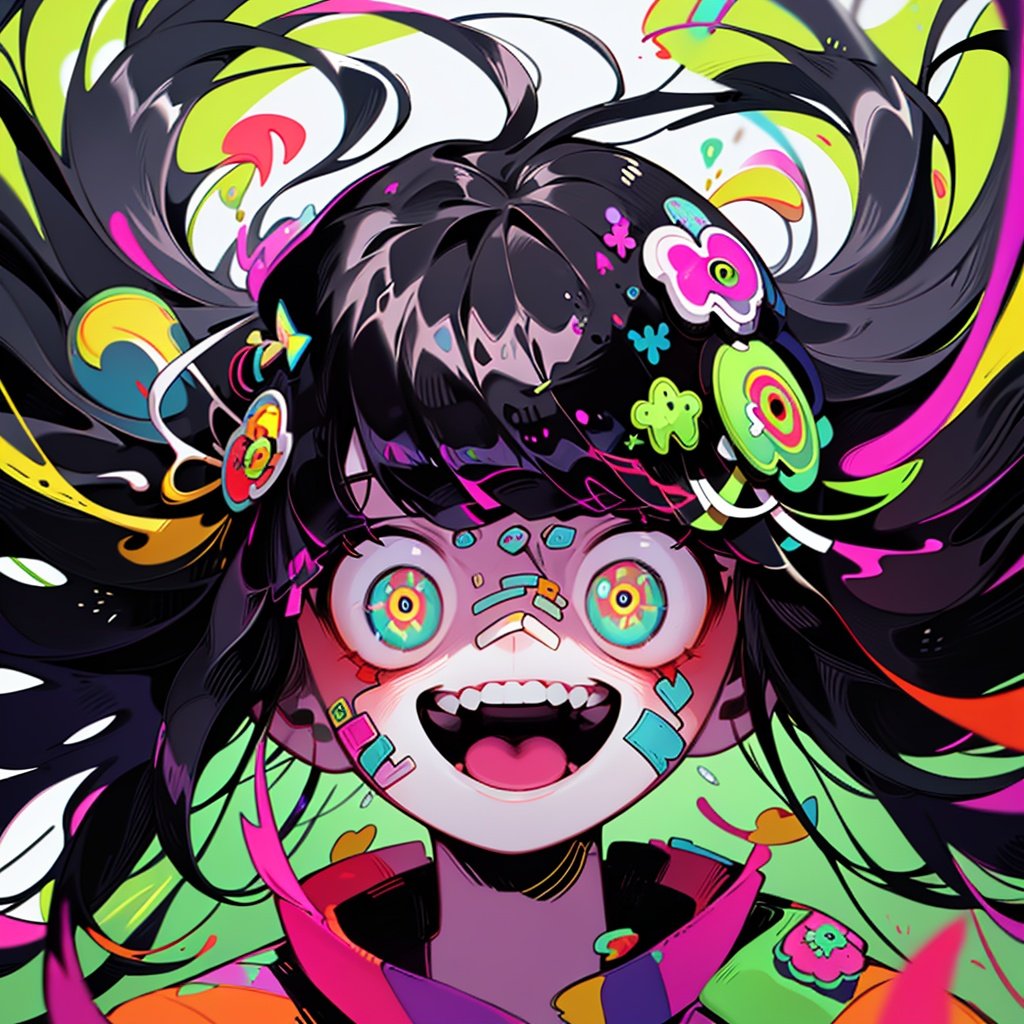 BJ_Violent_graffiti,1girl,solo,long_hair,looking_at_viewer,smile,open_mouth,bangs,black_hair,hair_ornament,teeth,floating_hair,portrait,bandaid,multicolored_eyes,colorful,strong contrast,high level of detail,Best quality,masterpiece,<lora:Violent_graffiti>,