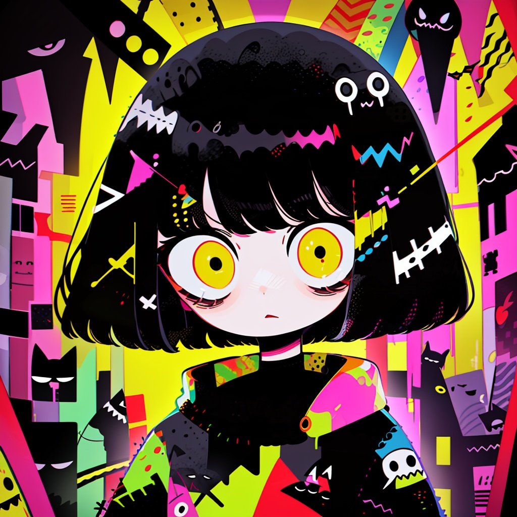 BJ_Violent_graffiti, 1girl, solo, looking_at_viewer, short_hair, bangs, black_hair, yellow_eyes, upper_body, blunt_bangs, cat, bob_cut, colorful, surreal, abstract, abstract_background,strong contrast,high level of detail,Best quality,masterpiece,<lora:Violent_graffiti>,