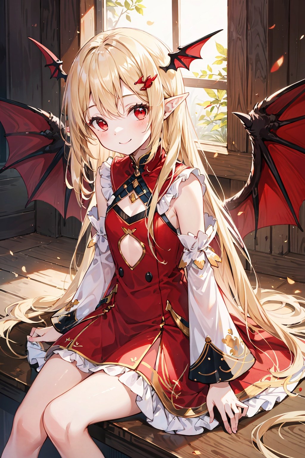  (loli:1.2),(petite:1.2),sitting,masterpiece, {highres},((ultra-detailed)),(detailed light),ray tracing,{an extremely delicate and beautiful},1girl,loli,(blonde clothes:1.2),(red clothes:1.2),white clothes,bangs,blue bat wings,detached sleeves, hair ornament, head wings, long hair, looking at viewer, pointy ears,red eyes, smile, solo,cuteloli