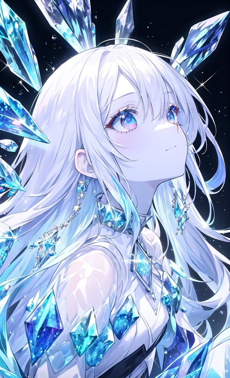 masterpiece, best quality, masterpiece,best quality,official art,extremely detailed CG unity 16k wallpaper,masterpiece, ((1girl)),(science fiction:1.1), (ultra-detailed crystallization:1.5), (crystallizing girl:1.5), kaleidoscope, ((iridescent:1.5) long hair), (glittering silver eyes), sitting, surrounded by colorful crystals, blue skin, (skin fusion with crystal:1.8), looking up, face focus, simple dress, transparent crystals, flat dark background, lens flare, prism,