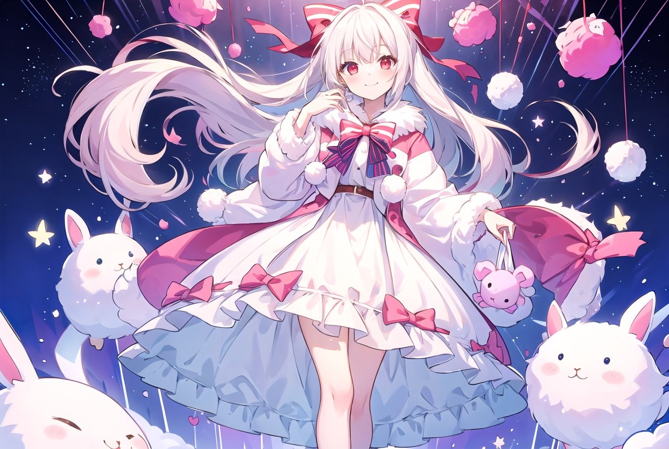 1girl, bangs, blush, bow, closed_mouth, dress, full_body, fur-trimmed_skirt, fur_trim, hair_bow, holding, long_hair, looking_at_viewer,pink_bow, pom_pom_\(clothes\), red_eyes,  smile, solo, standing, striped, striped_bow, very_long_hair, white_dress, white_hair, pom pom \(clothes\), cotton ball, bow, decorative balls, stuffing, stuffed bunny,nsfw