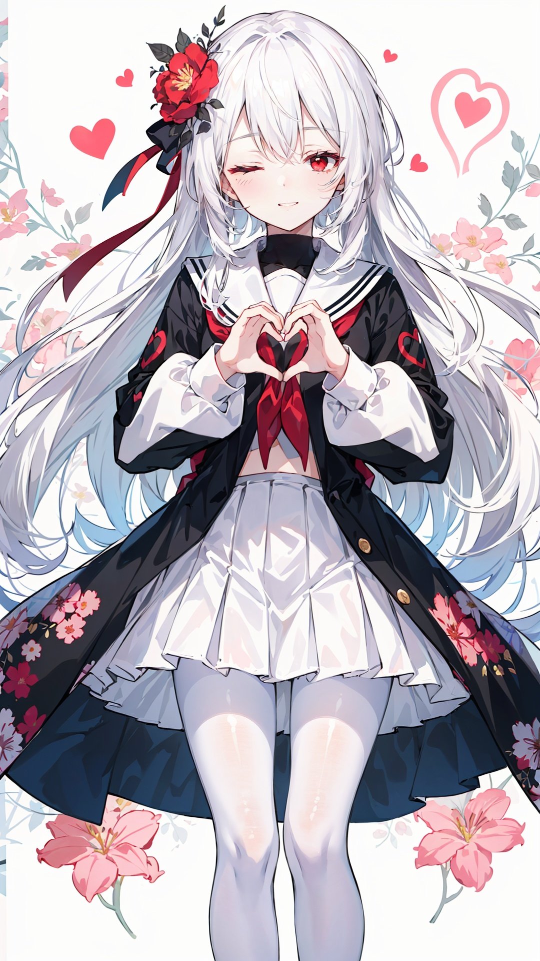 1girl, long hair, solo, red eyes, serafuku, hair_flower, white hair, long sleeves, pleated, clear eyes, black pantyhose, look at viewer, depth of field, (+floral background+), happy, parted lips, white clothes, (heart hands), between thighs, one eye closed,