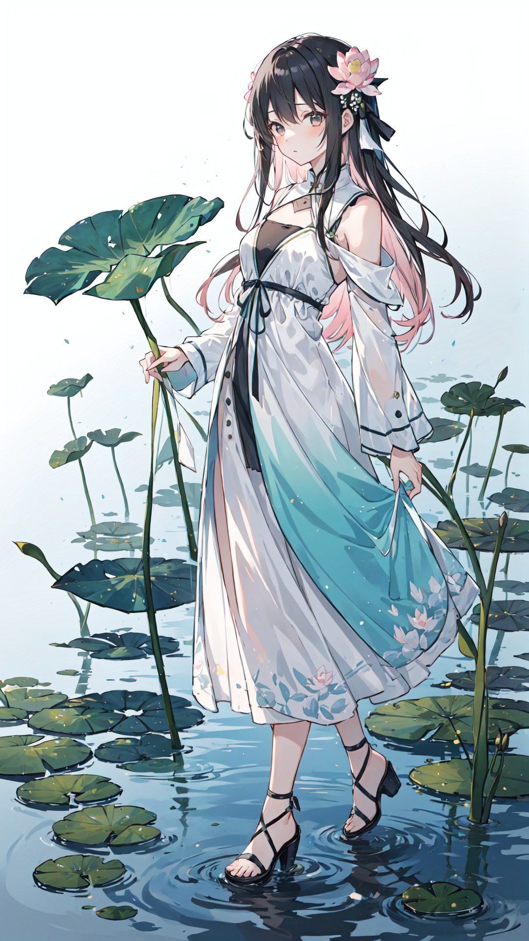 flower,gradient,gradient_background,lily_\(flower\),lotus,1girl,solo,lily_pad,grey_background,pink_flower,long_hair,dress,black_hair,yuzu