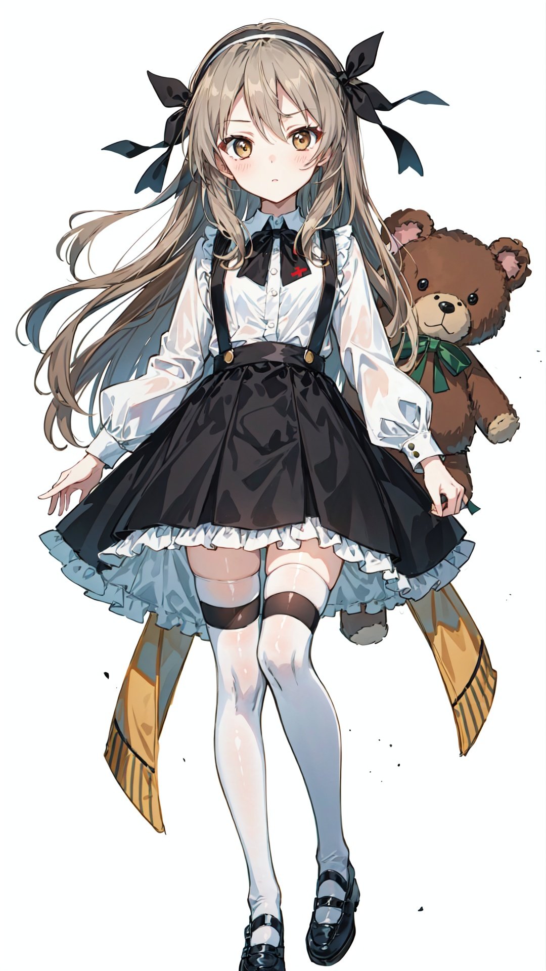  1girl, shimada arisu, solo, stuffed toy, teddy bear, stuffed animal, striped, thighhighs, long hair, boko (girls und panzer), brown eyes, white background, striped thighhighs, ribbon, simple background, looking at viewer, full body, hair ribbon, blush, hairband, bandages, skirt, mary janes, shoes, long sleeves, light brown hair, standing, one side up, shirt, suspenders, holding stuffed toy, brown hair