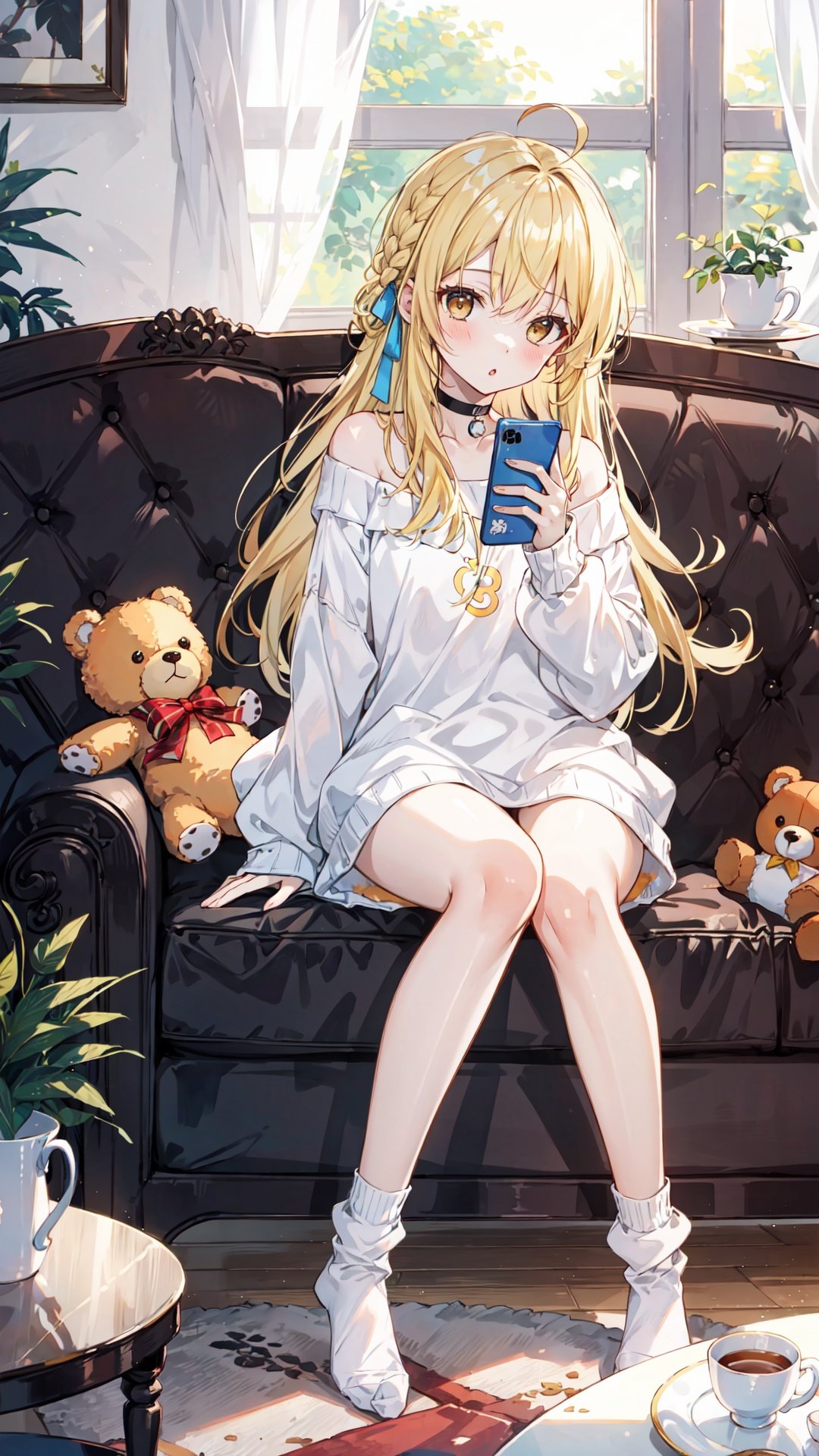 1girl, solo, food, cup, phone, sweater, long hair, socks, indoors, no shoes, lying, cellphone, brown eyes, looking at viewer, on stomach, long sleeves, off shoulder, couch, blush, table, plate, window, bangs, braid, ahoge, stuffed animal, sleeves past wrists, legs up, stuffed toy, off-shoulder sweater, saucer, mug, parted lips, blonde hair, on couch, puffy sleeves, choker, puffy long sleeves, sunlight, feet up, curtains, smartphone, yellow socks, twitter username, brown sweater, bare shoulders, day, black choker, blurry, the pose, :o, teddy bear, blurry background, teacup, cookie, full body, very long hair,qiuyinong