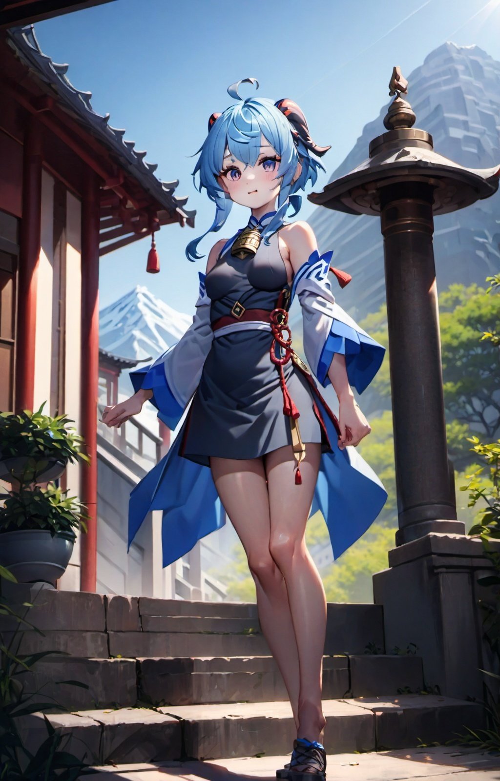 <lora:ganyu:1>,ganyu,full_body,blush,outdoors,day,simple background,blue sky,sky,temple,looking at viewer,stairs,mountain,moody lighting,facing viewer