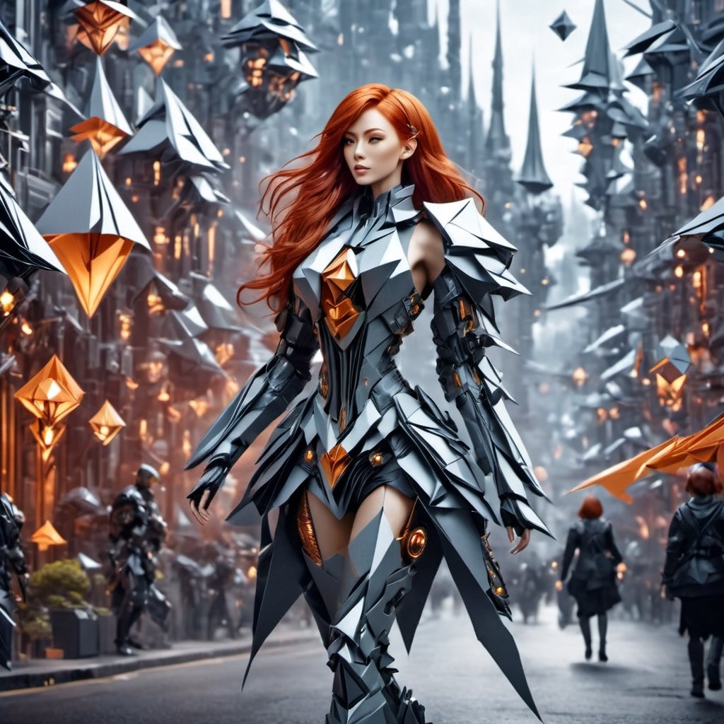  (a beautiful red hair cyborg woman walking down the street in a fantasy world,),LinkGirl,cyborg style,origami