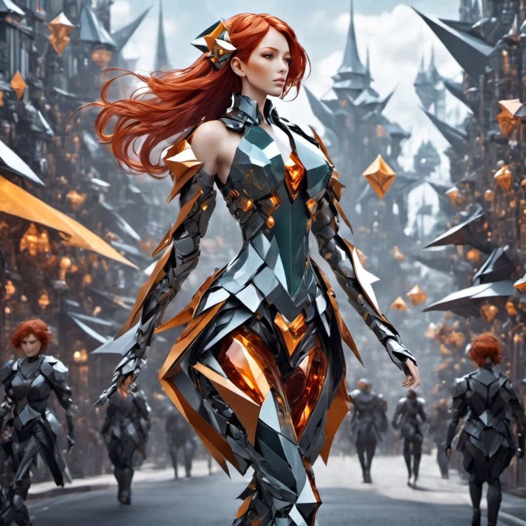  (a beautiful red hair cyborg glass skin woman walking down the street in a fantasy world,),LinkGirl,cyborg style,origami