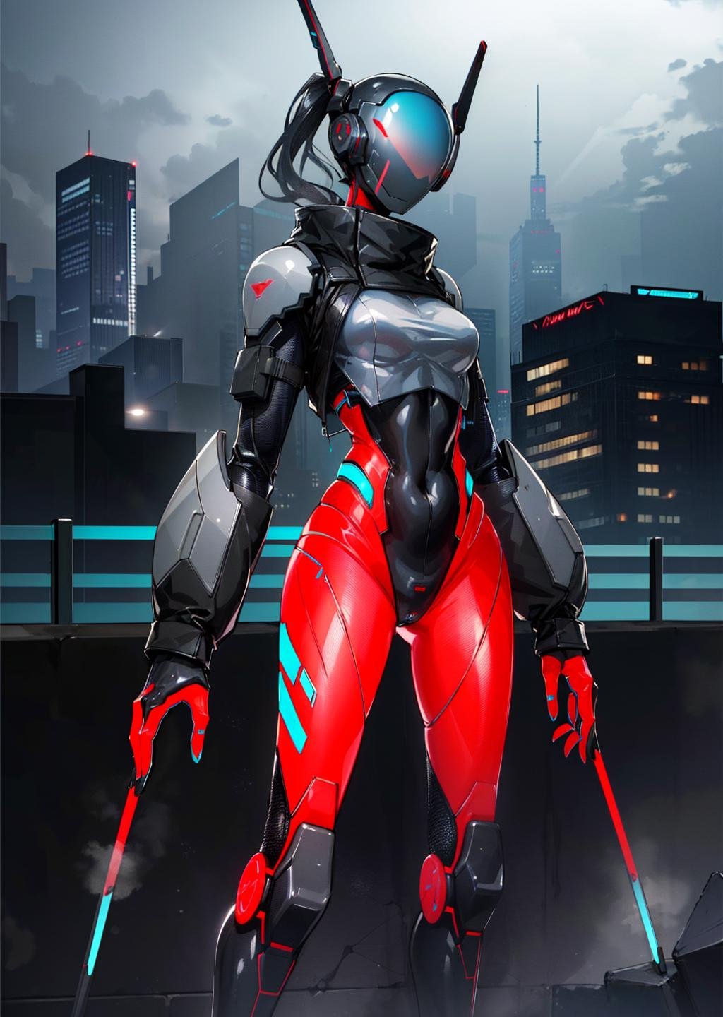 (1girl, translucent hair medium hair side ponytail, glowing eyes, , evil smile) (in detailed rooftop, (science fiction, bodysuit, robot, humanoid robot, helmet, neon trim, shiny clothes, enicha,  <lora:enicha:1>)) , best quality, <lora:boldline:0.2> <lora:hairdetailer:0.2>