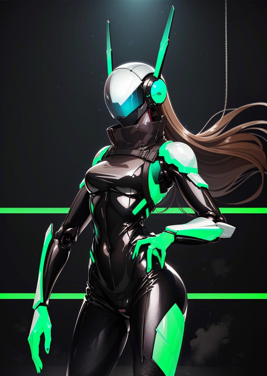 (1girl, brown hair long hair one side up, black eyes, , determined) (in detailed nightclub, (science fiction, bodysuit, robot, humanoid robot, helmet, neon trim, shiny clothes, enicha,  <lora:enicha:1>)) , best quality, <lora:boldline:0.2> <lora:hairdetailer:0.2>