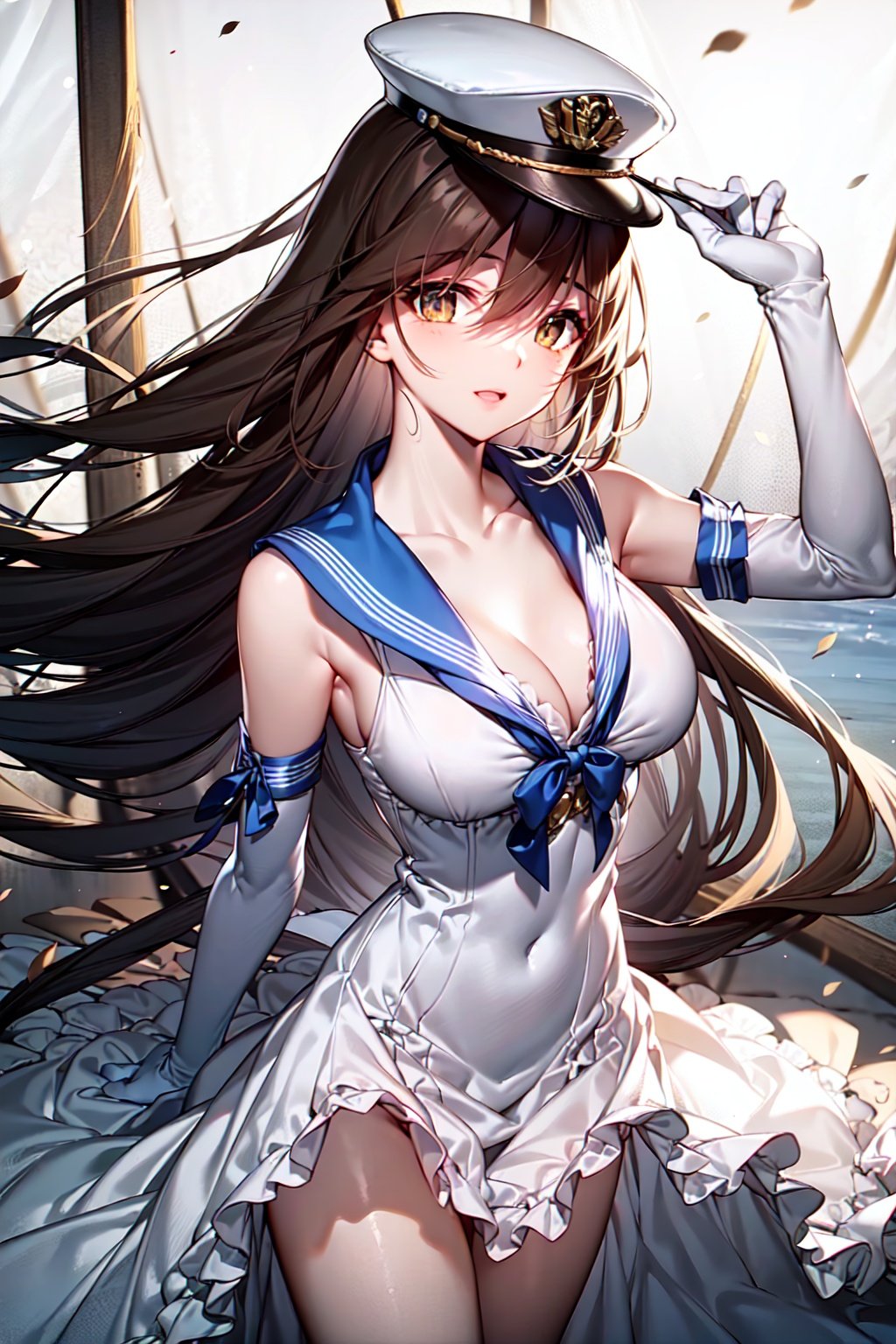 <lora:GoodHands-beta2:2>,masterpiece,best quality,masterpiece,best quality,highly detailed 8k official wallpaper,masterclass,amazing,highres,amazing,official art,perfect lighting,photorealistic.1mature girl,竞技神,Hermes(Warship Girls R),tender wifely,young milf,cheerful,solo.beautiful detailed face,detailed eyes,(bare collarbone),brown hair,pale face,medium eyes,long hair,bangs,brown eyes,medium breasts,blue_sailor_collar,white_dress,sailor_dress,cleavage,elbow_gloves,white_gloves,black_ribbon,white_headwear,collar_dress,peaked_cap/military_hat:0.6;looking_at_viewer,sexually suggestive,charming,perfect female body;standing,cowboy shot.<lora:Hermes3_5epochs_anythingV5:0.5>,<lora:Hermes2_1epochs_anythingV3:0.4>,<lora:Sexy school uniform:0.3>,<lora:breastinclassBetter:0.2>,<lora:behisheroinev1:0.15>,<lora:quan-style-v2-000020:0.15>,<lora:MengX girl_Mix_V40:0.2>,<lora:CyberBeautyV30:0.3>.