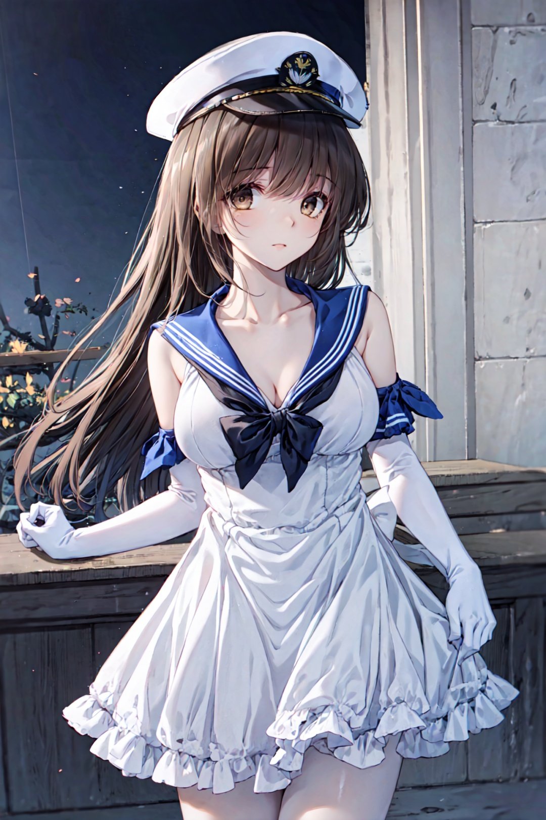 <lora:GoodHands-beta2:2>,masterpiece,best quality,masterpiece,best quality,highly detailed 8k official wallpaper,masterclass,amazing,highres,amazing,official art,perfect lighting,photorealistic.1mature girl,竞技神,Hermes(Warship Girls R),tender wifely,young milf,cheerful,solo.beautiful detailed face,detailed eyes,(bare collarbone),brown hair,pale face,medium eyes,long hair,bangs,brown eyes,medium breasts,blue_sailor_collar,white_dress,sailor_dress,cleavage,elbow_gloves,white_gloves,black_ribbon,white_headwear,collar_dress,peaked_cap/military_hat:0.6;(looking_at_viewer),sexually suggestive,charming,perfect female body;standing,cowboy shot.,<lora:Hermes3_5epochs_anythingV5:0.5>,<lora:Hermes2_1epochs_anythingV3:0.4>,<lora:Sexy school uniform:0.3>,<lora:breastinclassBetter:0.2>,<lora:behisheroinev1:0.15>,<lora:quan-style-v2-000020:0.15>,<lora:MengX girl_Mix_V40:0.2>,<lora:CyberBeautyV30:0.3>,.,