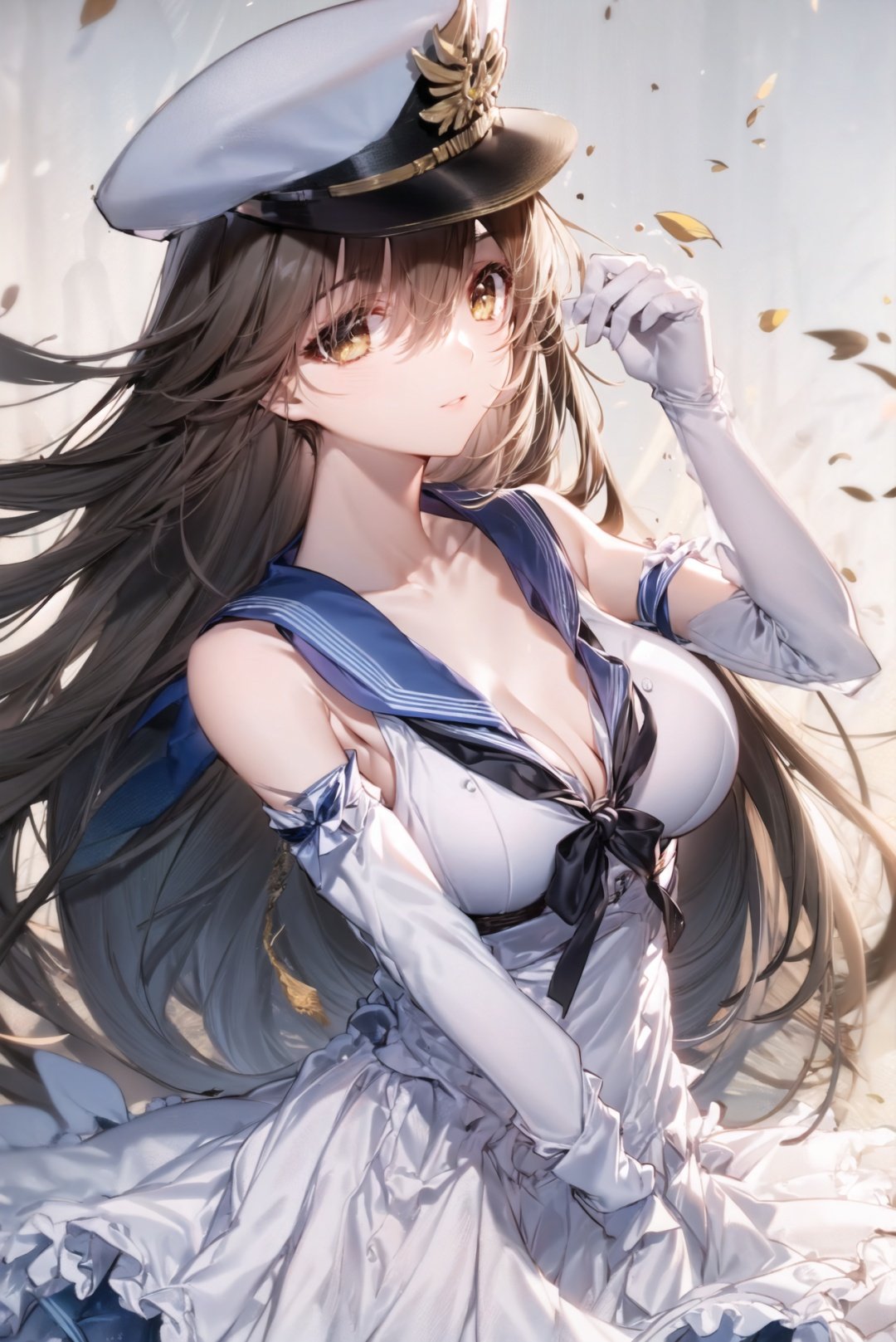 <lora:GoodHands-beta2:2>,masterpiece,best quality,masterpiece,best quality,highly detailed 8k official wallpaper,masterclass,amazing,highres,amazing,official art,perfect lighting,photorealistic.1mature girl,竞技神,Hermes(Warship Girls R),tender wifely,young milf,cheerful,solo.beautiful detailed face,detailed eyes,(bare collarbone),brown hair,pale face,medium eyes,long hair,bangs,brown eyes,medium breasts,blue_sailor_collar,white_dress,sailor_dress,cleavage,elbow_gloves,white_gloves,black_ribbon,collar_dress,white_headwear,peaked_cap/military_hat:0.6,closed mouth;(looking_at_viewer),sexually suggestive,charming,perfect female body;standing,cowboy shot,upper body.<lora:Hermes3_5epochs_anythingV5:0.5>,<lora:Hermes2_1epochs_anythingV3:0.4>,<lora:Sexy school uniform:0.3>,<lora:breastinclassBetter:0.1>,<lora:behisheroinev1:0.15>,<lora:quan-style-v2-000020:0.15>,<lora:MengX girl_Mix_V40:0.2>,<lora:CyberBeautyV30:0.3>.