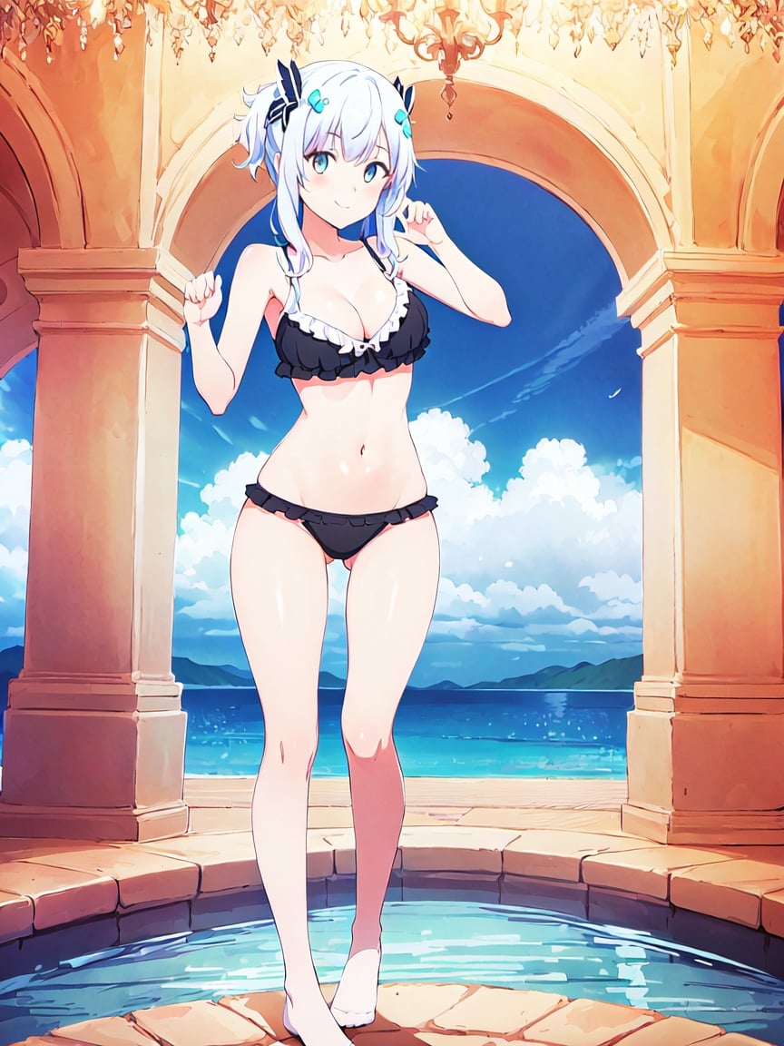 1girl,white hair,hairpin,high quality,best quality,masterpiece,ultra detailed,medium breast,fit,looking at viewer,full body,smile,(cute pose:1.5),awesome background,swimsuit,no shoes