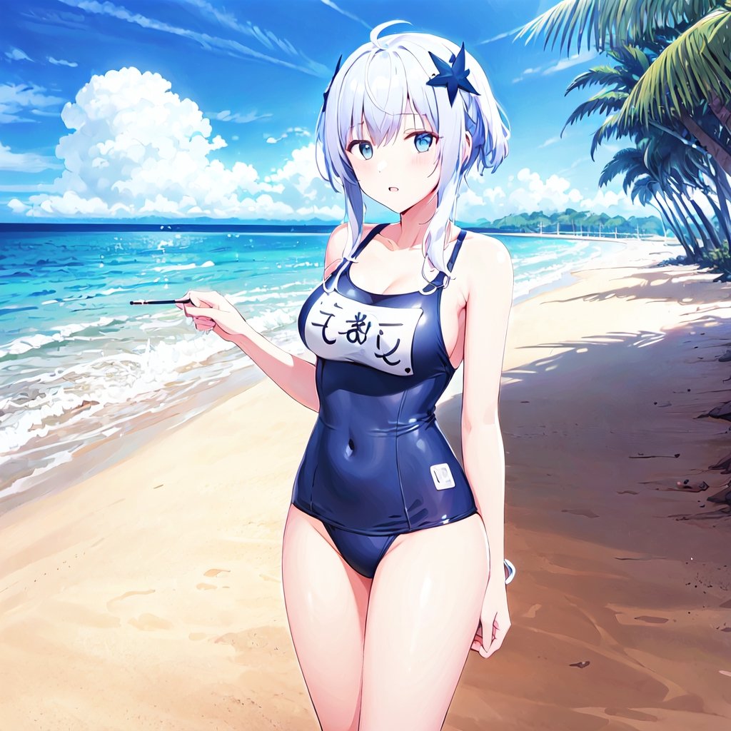 msh,MFBP1,beach,awesome background,swimsuit,white hair,blue hairpin