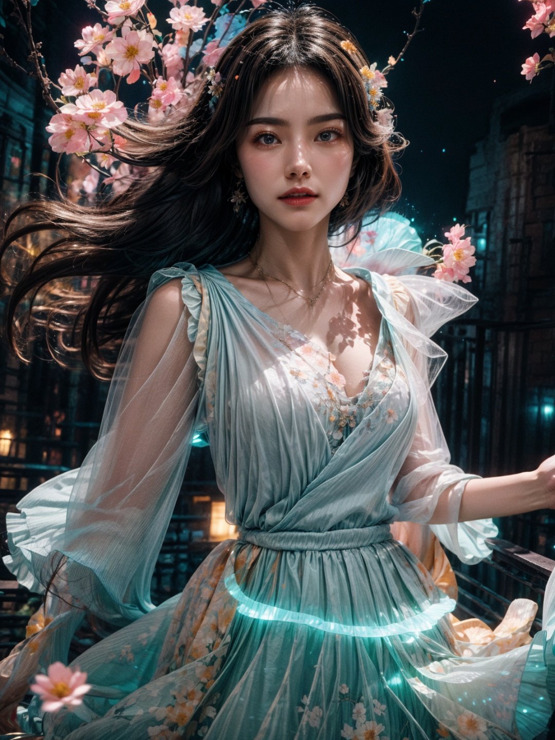 Movie stills, 1 girl, flowing hair, (glowing dress), colorful pleated skirt, running in the flowers, dreamy scenes, exquisite facial features, extremely beautiful face, clear details, soft lighting background, light particles, blue and orange lighting, masterpiece, best quality,upper_body