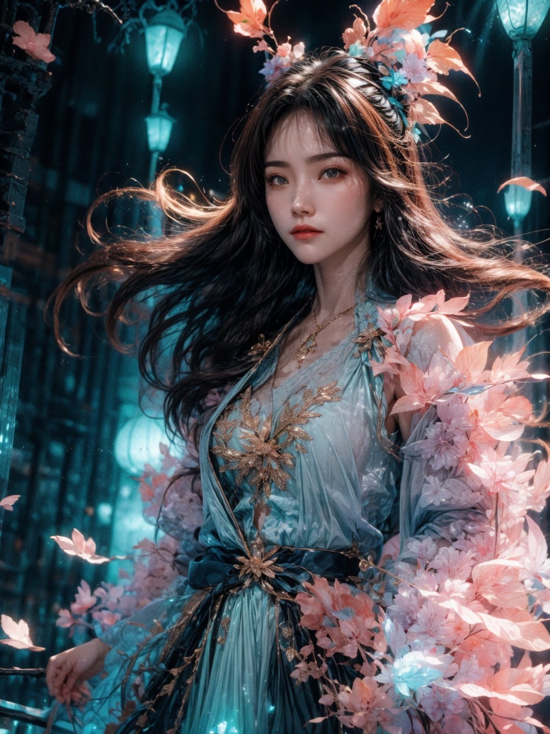 Movie stills, 1 girl, flowing hair, (glowing dress), colorful pleated skirt, running in the flowers, dreamy scenes, exquisite facial features, extremely beautiful face, clear details, soft lighting background, light particles, blue and orange lighting, masterpiece, best quality,upper_body,1girl,huansha,,east_asian_architecture,1girl