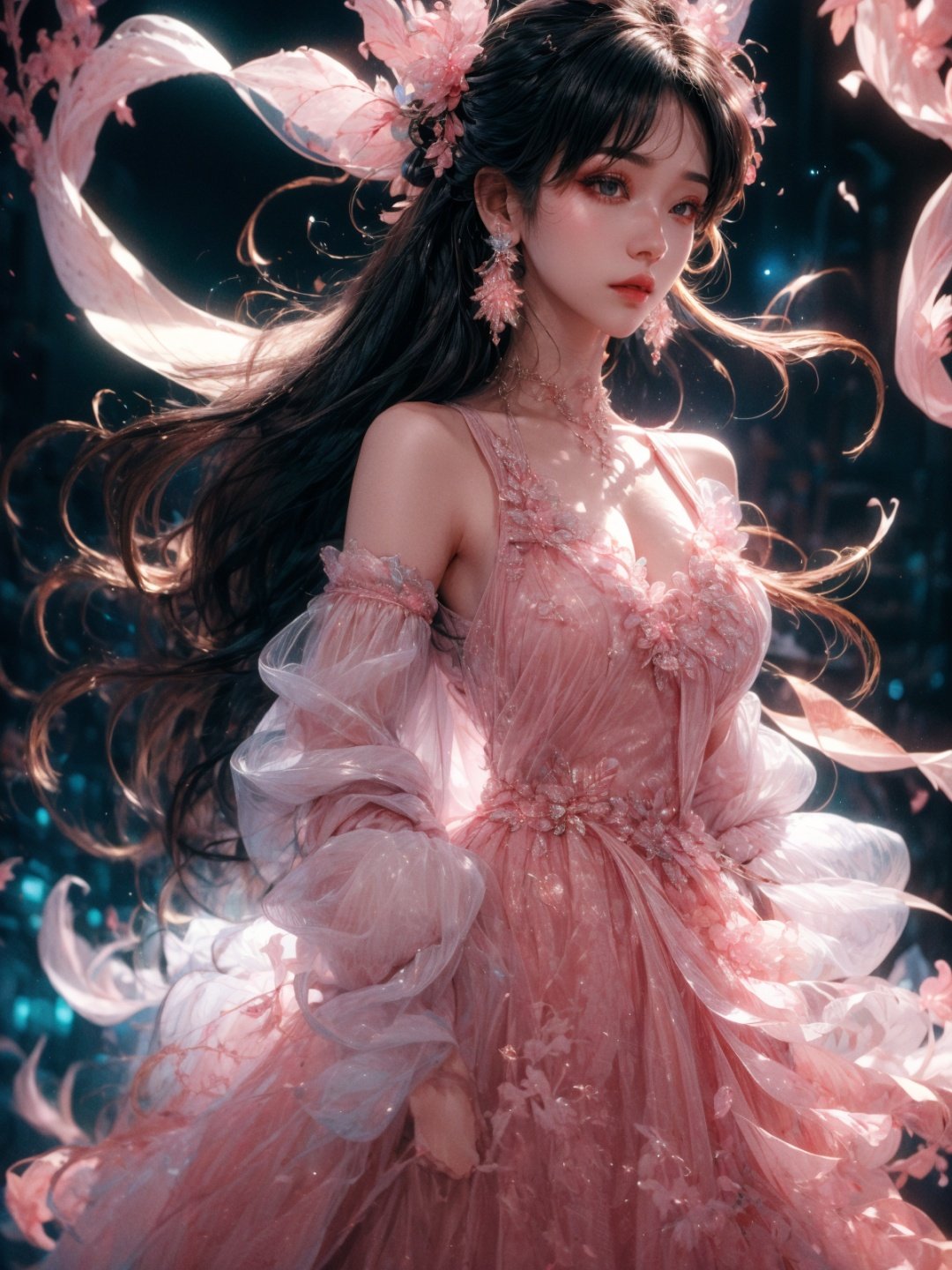  masterpiece,best quality,8k,insane details,intricate details,hyper quality,high detail,ultra detailed,realistic,1girl,long hair,jewelry,looking at viewer,dress,hair ornament,black dress,bracelet,bare shoulders,full body,tail,pink flower,black hair,solo,looking at viewer,earrings,black background,lips,wavy hair,glowing,detached sleeves,closed mouth,beads,makeup,long sleeves,EpicSky, huansha,neon_dress, cute girl