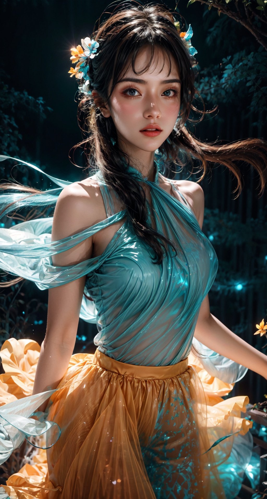 Movie stills, 1 girl, flowing hair, (glowing dress), colorful pleated skirt, running in the flowers, dreamy scenes, exquisite facial features, extremely beautiful face, clear details, soft lighting background, light particles, blue and orange lighting, masterpiece, best quality,upper_body