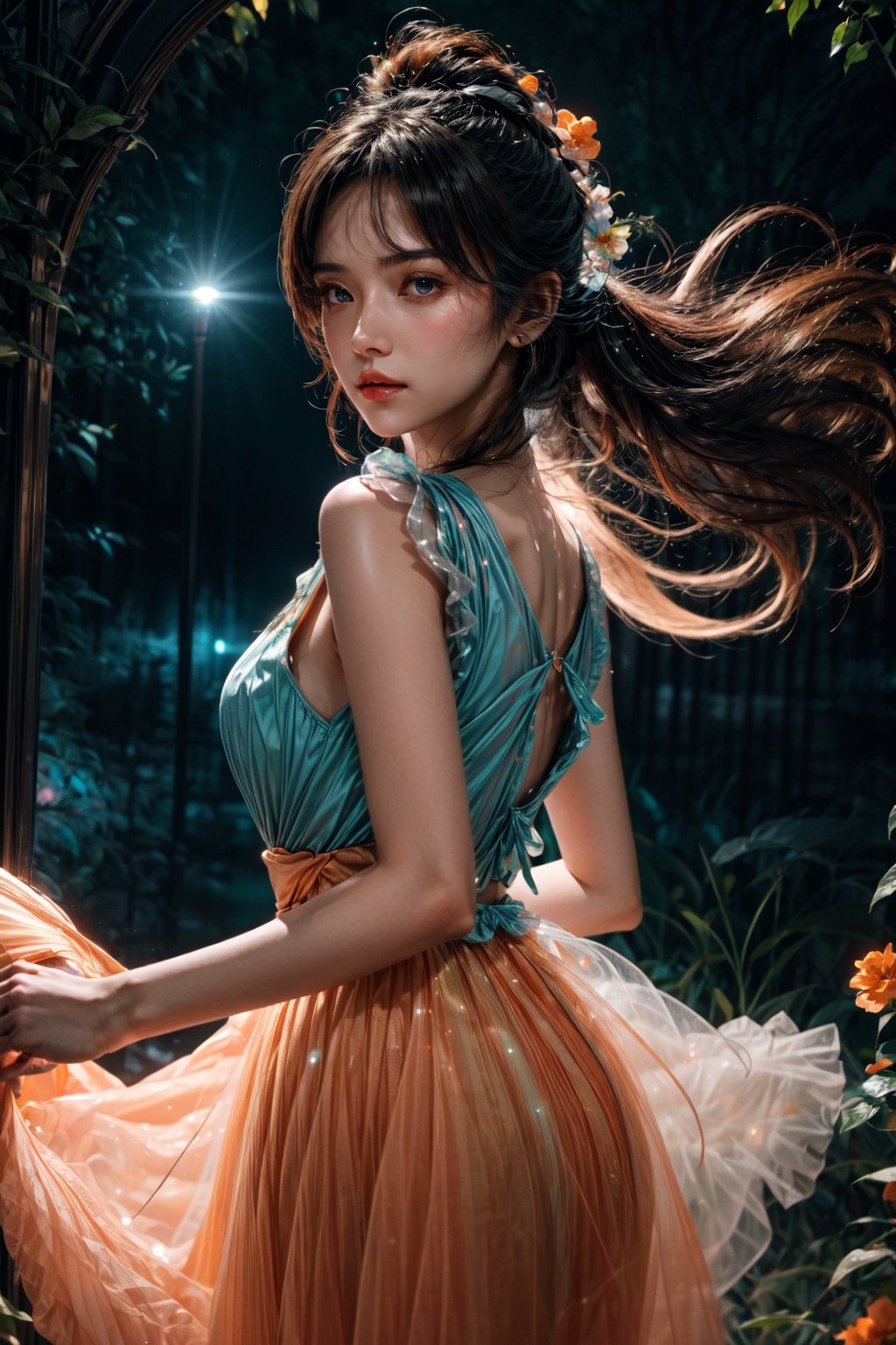 Movie stills, 1 girl, flowing hair, (glowing dress), colorful pleated skirt, running in the flowers, looking back, dreamy scenes, exquisite facial features, extremely beautiful face, clear details, soft lighting background, light particles, blue and orange lighting, masterpiece, best quality