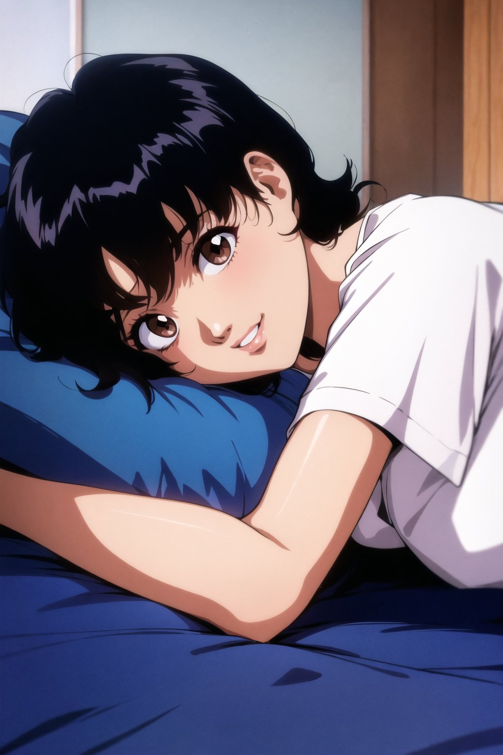 mima kirigoe, perfect blue, 1girl, solo, looking at viewer, smile, short hair, bangs, shirt, black hair, brown eyes, white shirt, upper body, short sleeves, lying, parted lips, teeth, indoors, lips, pillow, bed, bed sheet, on bed, on side, on stomach, t-shirt, under covers