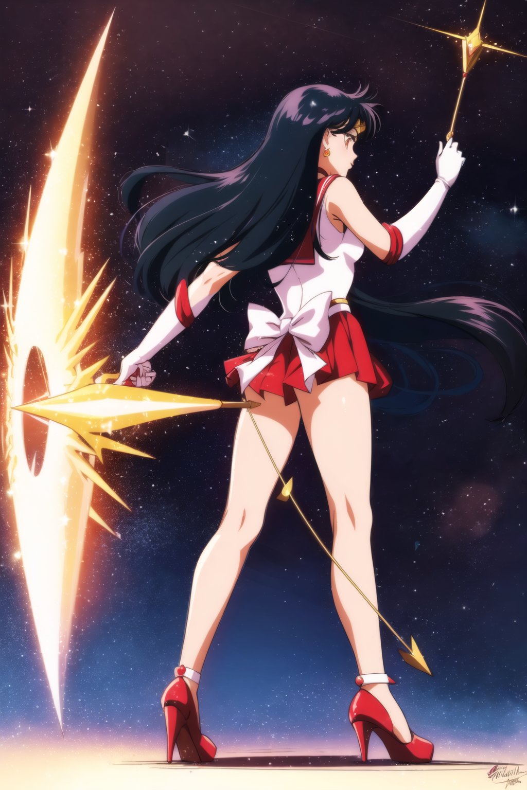 hino rei, sailor mars, 1girl, solo, long hair, skirt, black hair, gloves, bow, ribbon, holding, jewelry, very long hair, standing, full body, weapon, pleated skirt, earrings, shoes, choker, elbow gloves, white gloves, miniskirt, sailor collar, star \(symbol\), high heels, legs, bare legs, sparkle, profile, red skirt, magical girl, fire, tiara, outstretched arm, red footwear, long legs, bow \(weapon\), circlet, arrow \(projectile\), back bow, star earrings, sailor senshi uniform, holding bow \(weapon\), aiming, red sailor collar, holding arrow, drawing bow