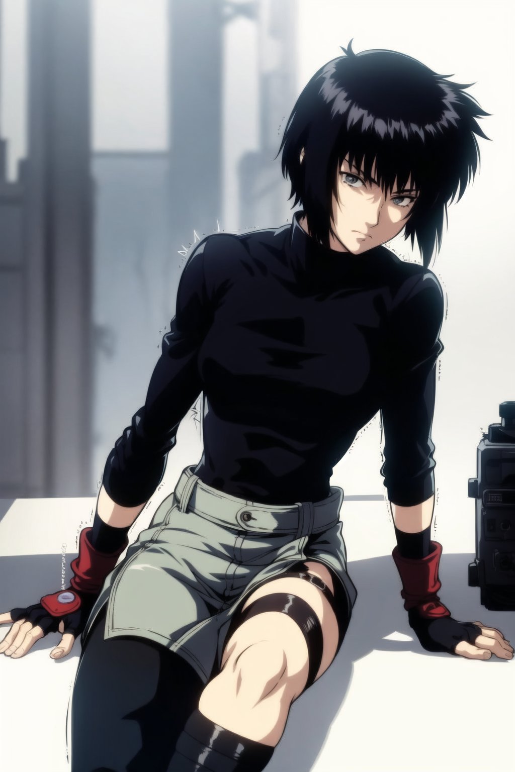 kusanagi motoko, 1girl, solo, looking at viewer, short hair, bangs, black hair, gloves, sitting, closed mouth, jacket, male focus, outdoors, black gloves, pants, hand up, fingerless gloves, blurry, grey eyes, black shirt, blurry background, arm support, looking down, sleeves rolled up, hip vent