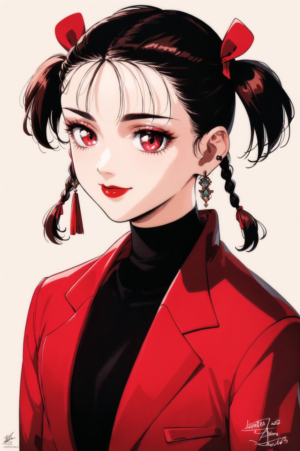 sawa (kite), a kite, 1girl, solo, smile, short hair, bangs, simple background, brown hair, shirt, red eyes, white background, ribbon, twintails, jewelry, jacket, hair ribbon, upper body, braid, earrings, artist name, signature, twin braids, looking to the side, black shirt, eyelashes, makeup, turtleneck, lipstick, portrait, red jacket, hair rings, red lips, retro artstyle