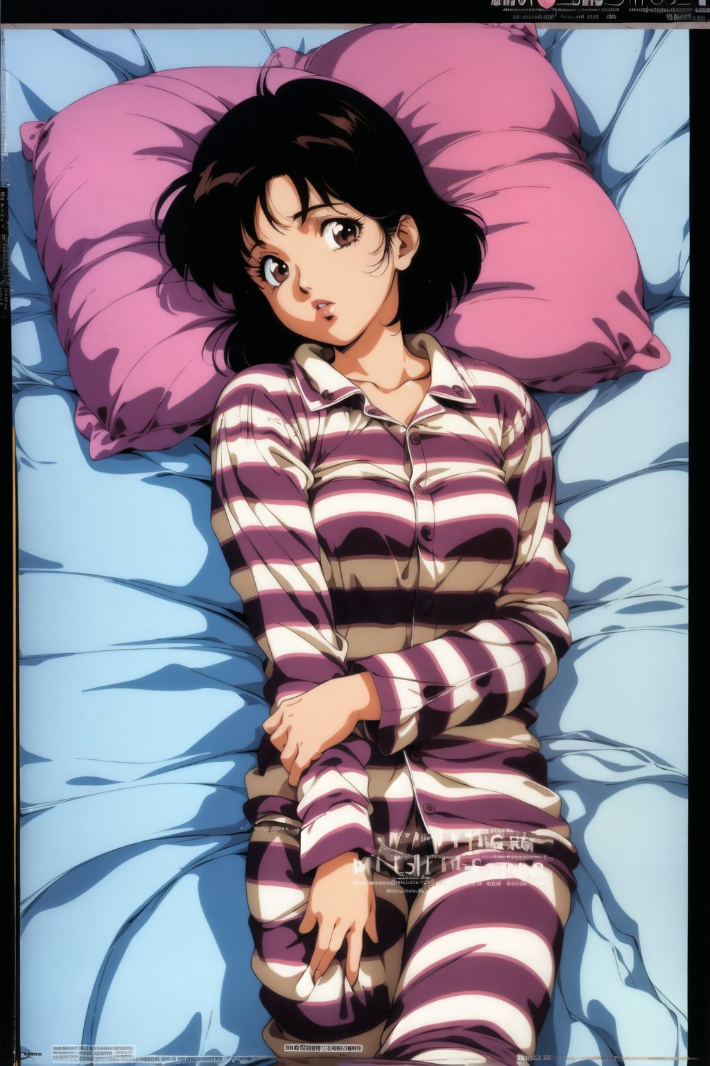 mima kirigoe, perfect blue, 1girl, solo, looking at viewer, short hair, brown hair, shirt, black hair, long sleeves, brown eyes, lying, striped, artist name, lips, pillow, bed, on bed, watermark, letterboxed, web address, striped shirt, pajamas, blanket, retro artstyle, under covers