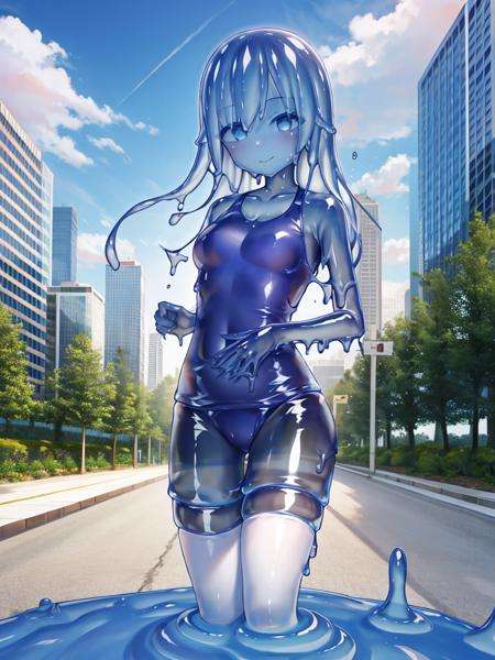 (masterpiece,bebackgroundst quality,ultra-detailed,best illustration:1.2),1girl,(slime girl:1.4),(transparent body :1.4),(see-through skin:1.3)closed mouth,beautiful detailed face eyes,swimsuit,white thighhighs, sunny,blue sky,outdoors,cityscape,<lora:slimegirl11:0.6>,<lora:slimegirl16:0.5>