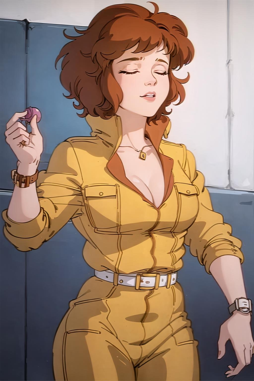 april o'neil, 1980s \(style\), 1girl, breasts, brown hair, cleavage, closed eyes, jacket, jumpsuit, medium breasts, retro artstyle, short hair, solo, watch, wristband, wristwatch