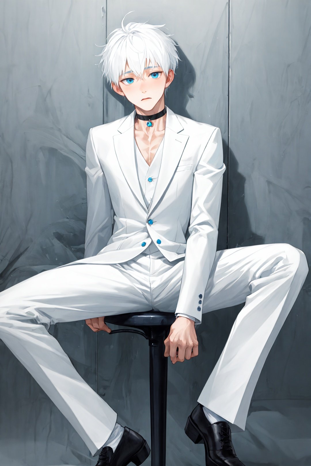 1boy,1080P,shota,white hair,solo,only,choker,muscle,sit,(white suit) ,white skin,blue eyes,STAND,Men's suits,shy