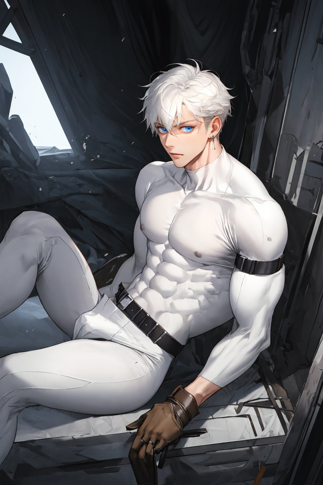 ((masterpiece))),(((best quality))),(extremely detailed),male only,(male focus:1.2),((beautiful detailed eyes)),(long legs),((white glowing skin)),detailed skin and body,rich background,intricate details,day,cityscape,
((large pectorals:1.2)),(((broad shoulders:1.2))),abs,biceps,Delicate muscle lines,((slim waist:1.4)),muscular,((thick thighs:1.2)),bare shoulders,collarbone,navel,puffy_nipples,Bulge,
((solo:1.2)),looking at viewer,Open the clothes,(male focus:1.2),
1boy,eyelashes,(((leg belt:1.2))),blue eyes,brown hair,crossed bangs,earrings,gloves,hair between eyes,lying,male focus,white hair,ring,short hair,single earring,sitting,solo,tight,bodysuit,((endured_face))