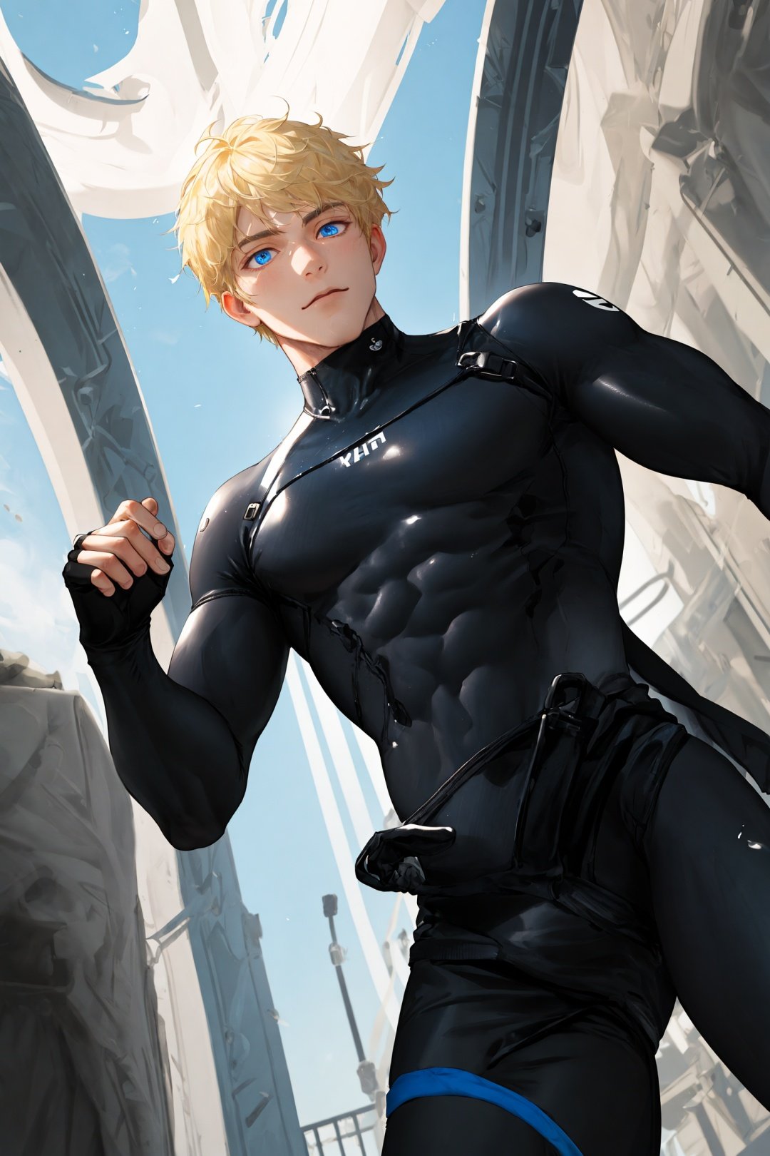 abs, muscular, (it's personal), mature men, a view from below, black fingerless gloves, black shorts, unique perspective, masterpiece, top quality, bulge, white wetsuit, shine eyes01, blonde hair, blue eyes, shine eyes01