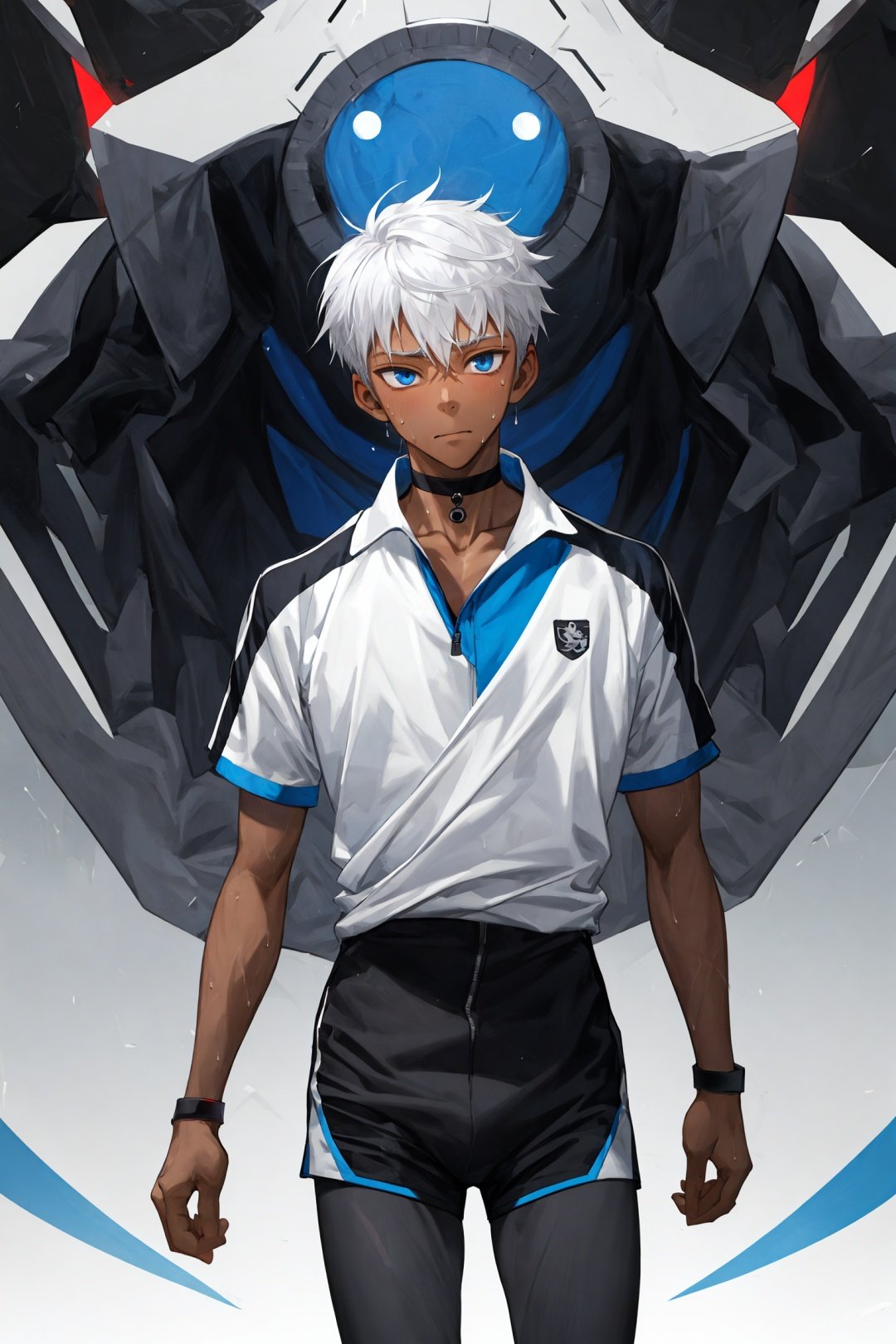 1boy, male focus, solo, looking at viewer, gray_ leggings:0.5, blue eyes, white_hair, black sport shorts, undercut, cool, sweaty, shota, blue_bodysuit:0.3, muscle, dark skin, choker, shuu_inuzuka, judar_magi, machinery, 