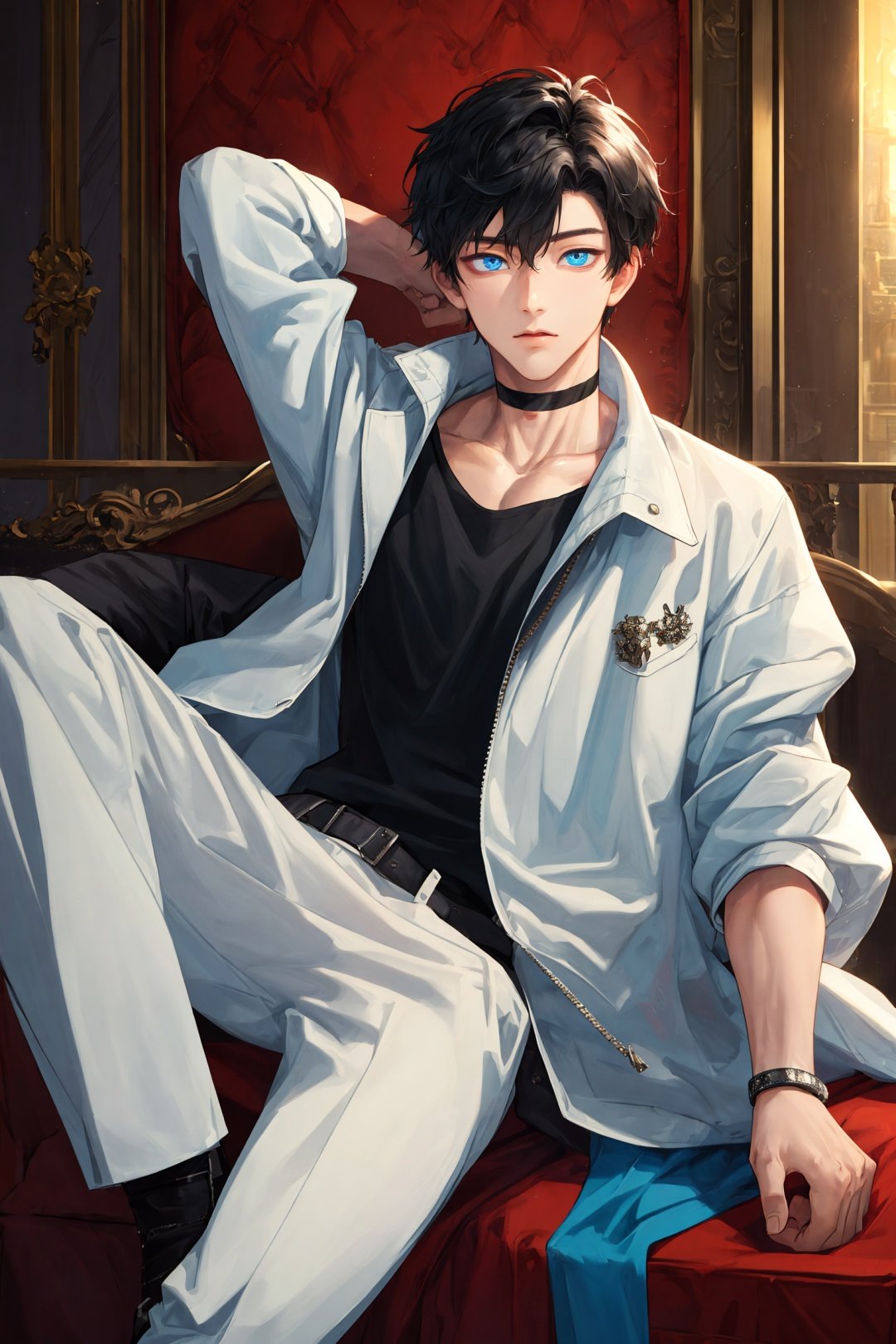 ((masterpiece))),(((best quality))),(extremely detailed),male only,(male focus:1.2),((beautiful detailed eyes)),1boy,1080P,jacket,shota,black hair,solo,only,choker,muscle,,sit,arm behind head,white skin,blue eyes