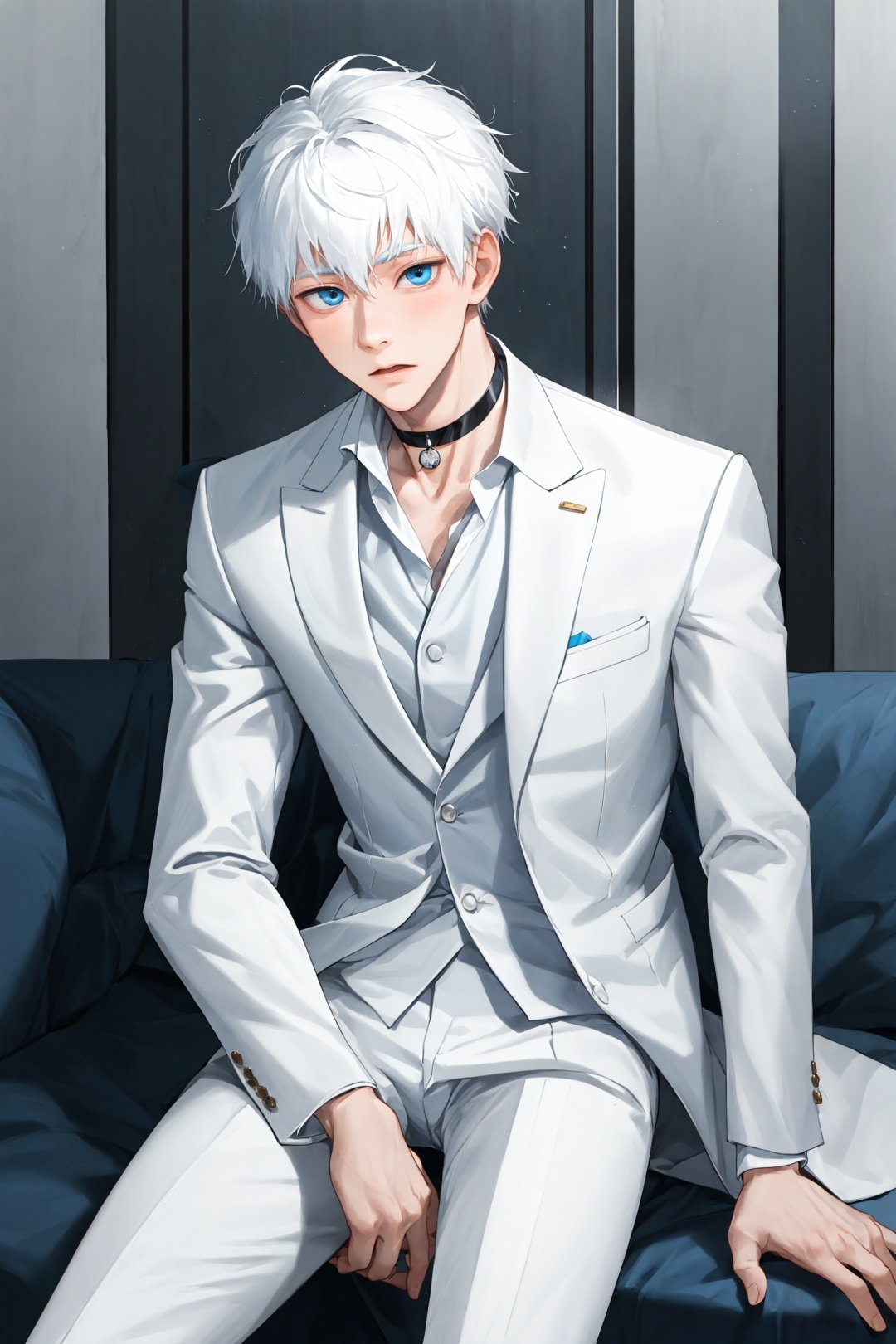 1boy,1080P,shota,white hair,solo,only,choker,muscle,sit,(white suit) ,white skin,blue eyes,STAND,Men's suits,shy