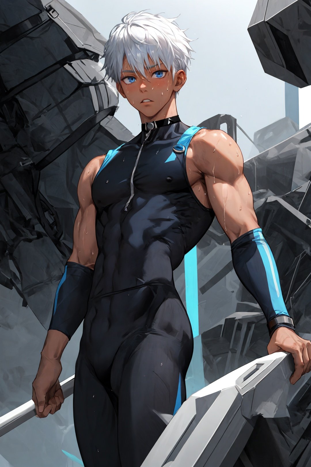 1boy, male focus, solo, looking at viewer, gray_ leggings:0.5, blue eyes, white_hair, black sport shorts, undercut, cool, sweaty, shota, blue_bodysuit:0.3, muscle, dark skin, choker, shuu_inuzuka, judar_magi, machinery, 