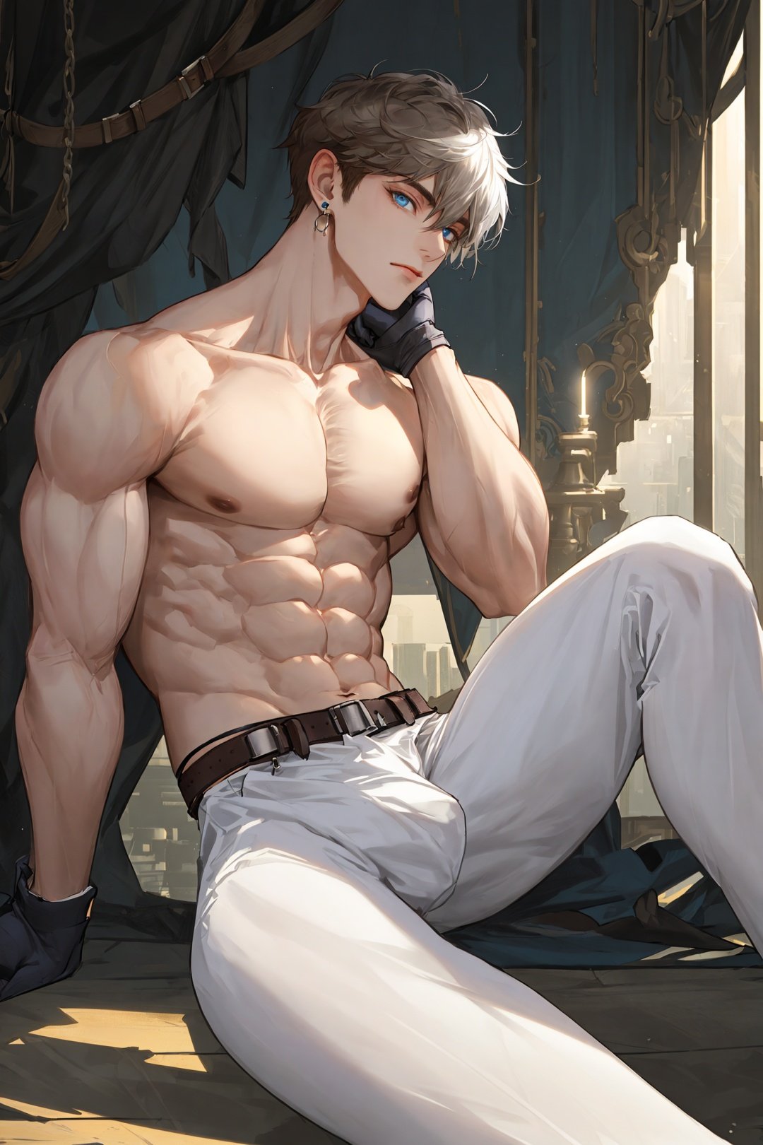 ((masterpiece))),(((best quality))),(extremely detailed),male only,(male focus:1.2),((beautiful detailed eyes)),(long legs),((white glowing skin)),detailed skin and body,rich background,intricate details,day,cityscape,
((large pectorals:1.2)),(((broad shoulders:1.2))),abs,biceps,Delicate muscle lines,((slim waist:1.4)),muscular,((thick thighs:1.2)),bare shoulders,collarbone,navel,puffy_nipples,Bulge,
((solo:1.2)),looking at viewer,Open the clothes,(male focus:1.2),
1boy,eyelashes,(((leg belt:1.2))),blue eyes,brown hair,crossed bangs,earrings,gloves,hair between eyes,lying,male focus,white hair,ring,short hair,single earring,sitting,solo,tight