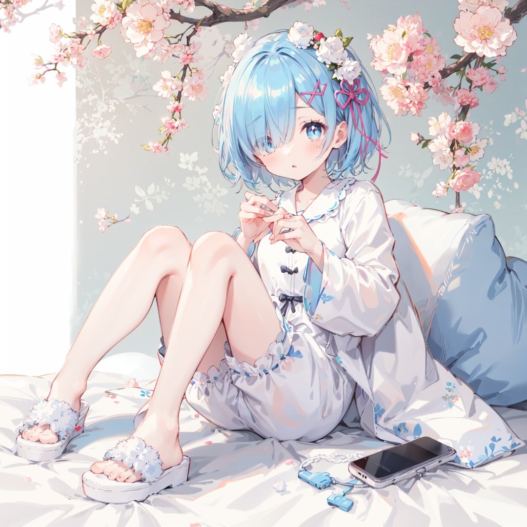 masterpiece,best quality,kawaii background,extremely detailed fine touch,highres,wallpaper,ray tracing,rem \(re:zero\), 1girl, loli, solo, peach blossom, cherry, white pupils,White shirt,Short bright blue hair, covering one eye,Bright blue eyes, White gauze pajamas,(slippers:0.9),<lora:Rem_Re Zero:0.6:PERSON>