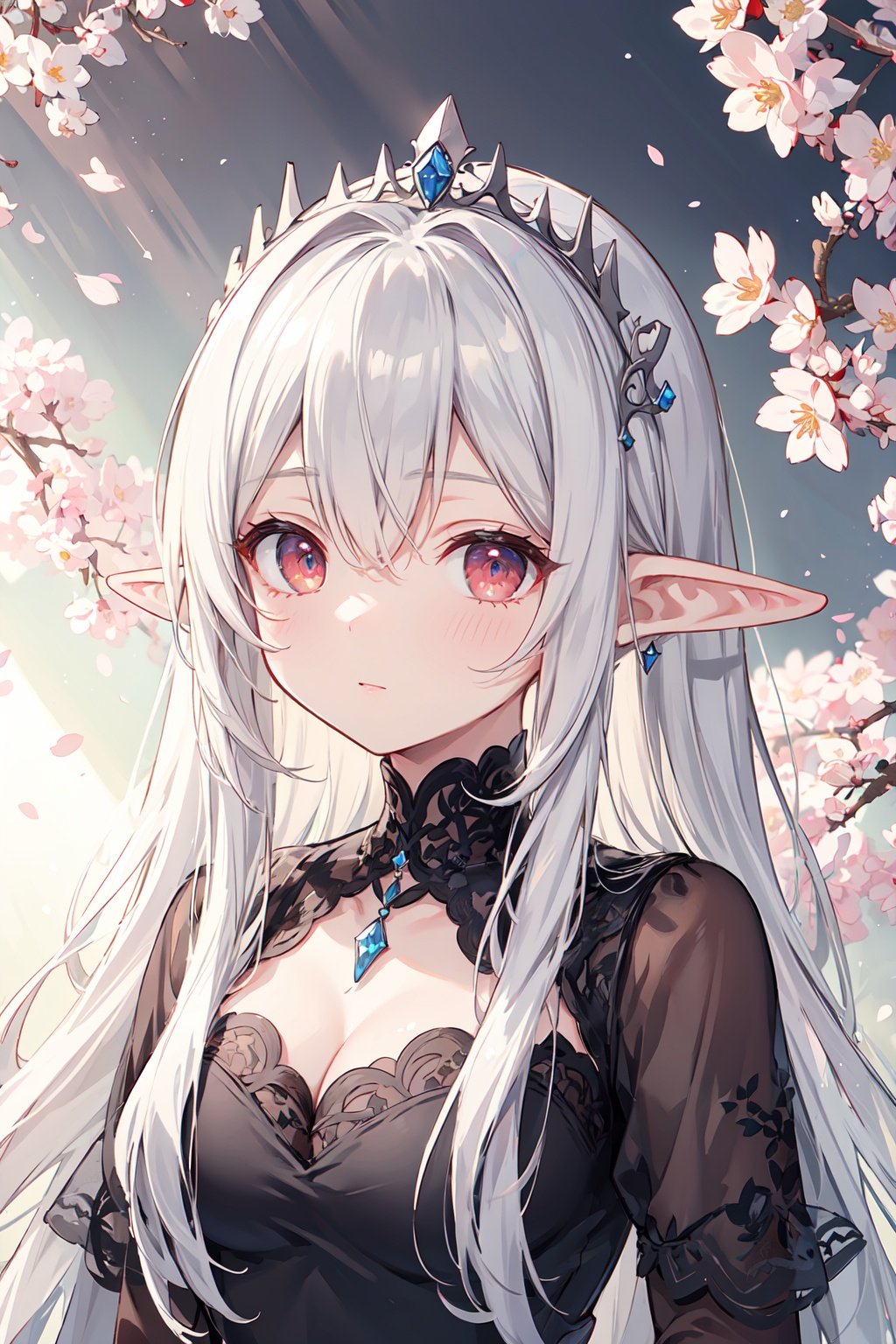 Masterpiece, best quality, ultra-detailed, color full, God rays, ray tracing, beautiful detail eyes, extremely detailed, highres, best quality, an extremely detailed and delicate, 8k cg wallpaper,(elf girl), face focus, red luminous eyes, upper body, tiara, seductive expression, medium breasts, cleavage, jewelry, long hair, pointy ears, black dress, cherry blossoms,<lora:add_detail:0.3>