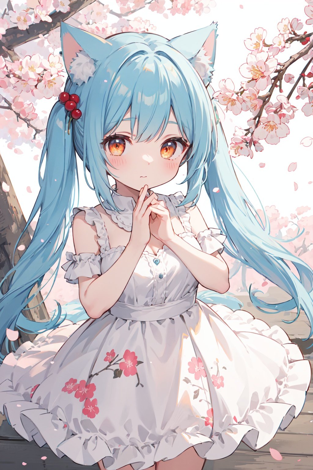 masterpiece,best quality, kawaii background, extremely detailed fine touch, highres, wallpaper, ray tracing, sunlight,///,solo, 1girl, (child:1.1), breasts, cat ears, animal ear fluff, light blue hair, Low twintails, orange eyes, bangs, light blush, delighted,tube dress,  breasts focus,simple background, cherry blossoms, cherry blossom print,