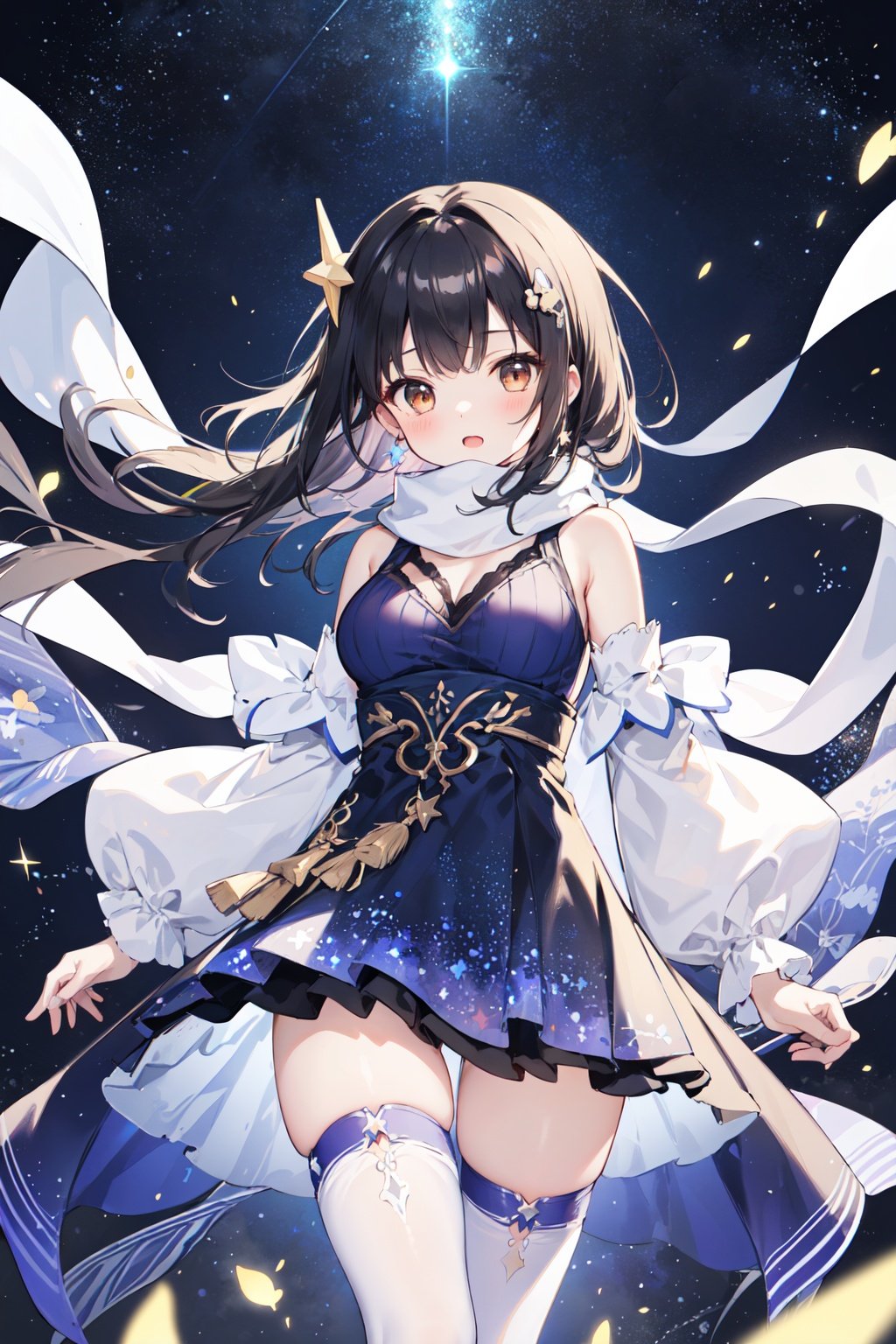 (pixiv masterpiece),best quality,1girl,cute,kawaii,1girl,black hair,long hair,brown eyes,star glint hair ornament,medium breasts,bare shoulders,detached sleeves,shiny blue and purple starry print dress,layered dress,starry background,void space,glints,floating light particles,cowboy shot,thighs,leg,sweater,translucent coat,legwear,see-through legwear,scarf,