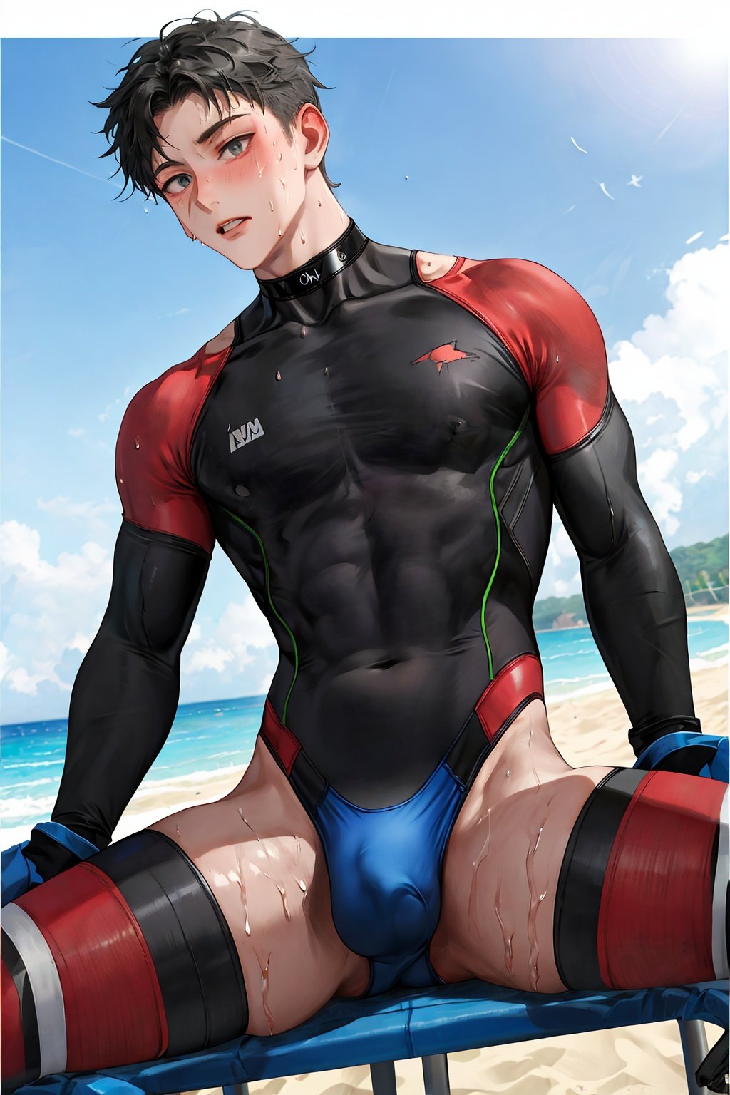 masterpiece, best quality, ((solo)), 1boy, male, gray bodysuit, muscle, sit, spread legs, shy, sweaty, owo, bulge, choker, arm behind back, torn bodysuit, sky, beach, ((muscle)), looking_at_viewer, bulge, wrestling suit,