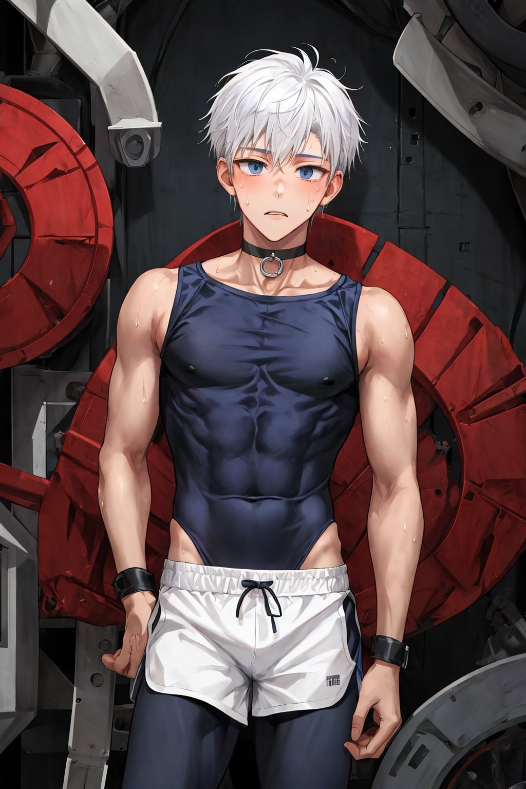 1boy, male focus, solo, looking at viewer, gray_ leggings:0.5, blue eyes, white_hair, black sport shorts, undercut, cool, sweaty, shota, blue_bodysuit:0.3, muscle, dark skin, choker, shuu_inuzuka, judar_magi, machinery,