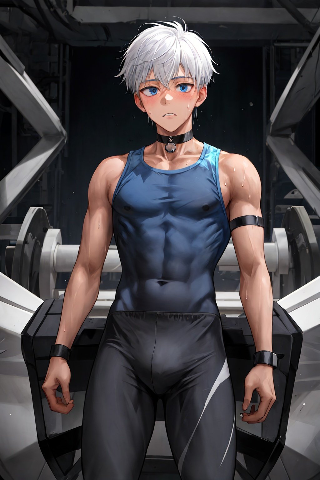 1boy, male focus, solo, looking at viewer, gray_ leggings:0.5, blue eyes, white_hair, black sport shorts, undercut, cool, sweaty, shota, blue_bodysuit:0.3, muscle, dark skin, choker, shuu_inuzuka, judar_magi, machinery,