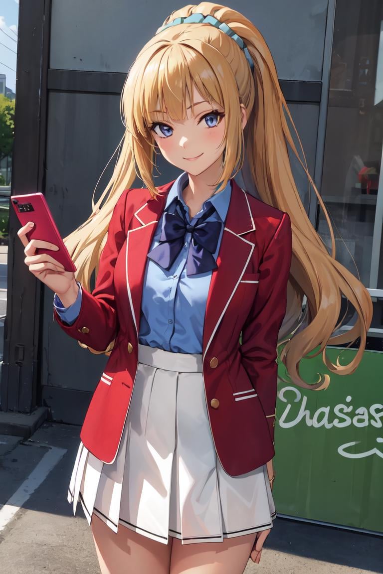 masterpiece, best quality, absurdres, perfect anatomy, 1girl, solo, KaruizawaBase, hair scrunchie, school uniform, blue shirt, bowtie, white skirt, red jacket, open jacket, standing, outdoors, holding smartphone, smile, <lora:KeiKaruizawa:1>